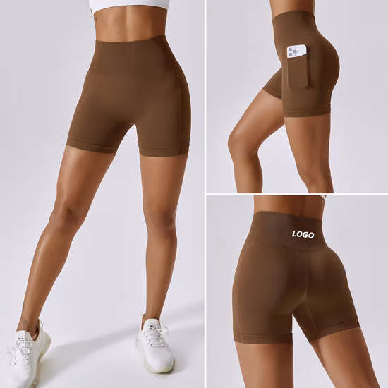Nuevo diseño de pantalones cortos de entrenamiento de yoga para correr con parte inferior deportiva para mujeres, ropa deportiva sin costuras personalizada, pantalones cortos de tenis informales con bolsillos